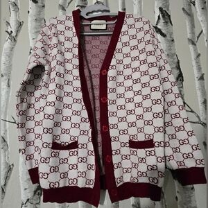 Gucci Burgundy and Cream Logo Cardigan